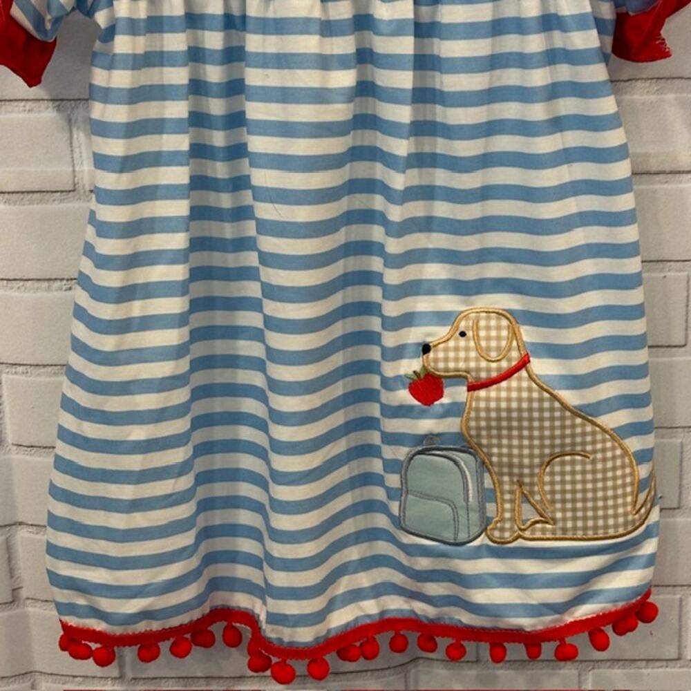 Boutique Abby & Evie 18 Month Blue Striped Dog School Theme Dress Cotton Blend - Picture 2 of 8
